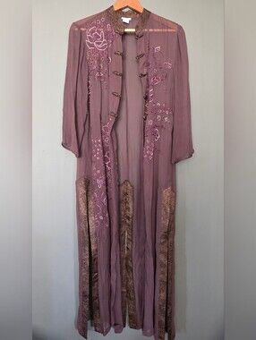 Vintage Rayon 3/4 Sleeve Floral Beaded Embroidered‎ Boho Sheer Duster Womens L